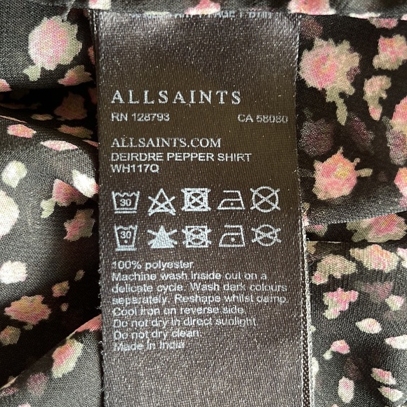 ALL SAINTS DEIRDE PEPPER SHIRT, TIE DETAILS, TIERED, FLOWY, BLACK/PINK SZ XS - Picture 10 of 10